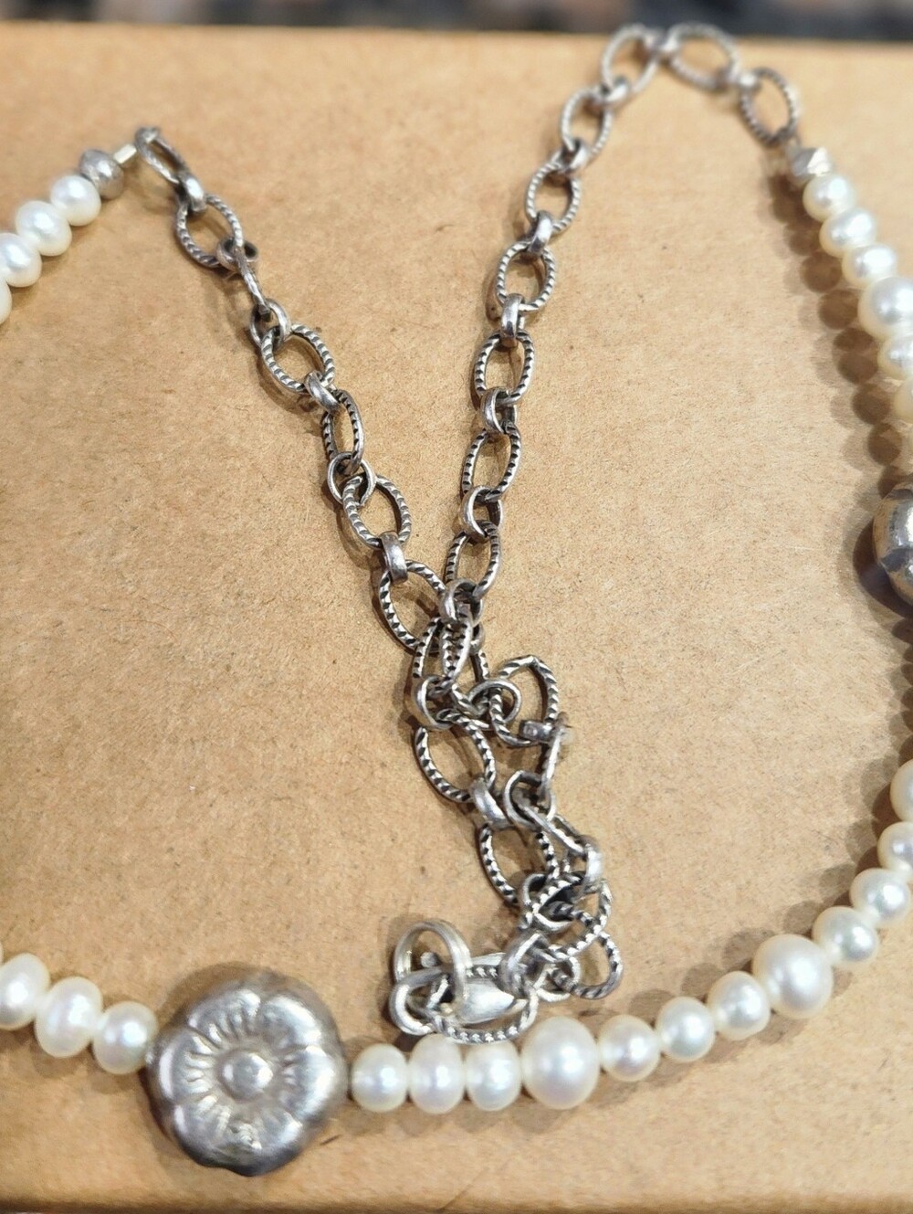 Sterling And Genuine Pearl Necklace Witj Flower Charms